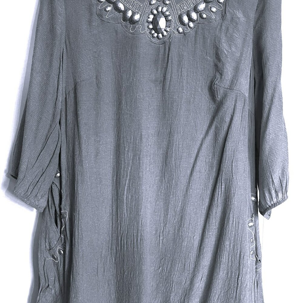 Steel Grey Rayon Dress with Metallic Appliqué & Rhinestones | Zay